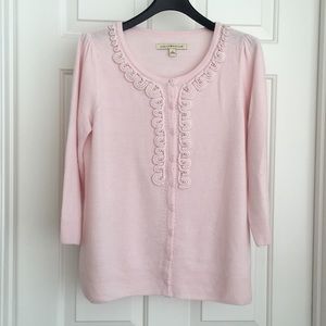 Debbie Morgan Button Down Sweater Top Size Small Pink Pearls 3/4 Sleeves